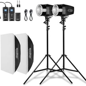 Godox Professional Studio Flash Kit for Photography, Strobe Lights Softbox Lighting Kit, 2x180W 5600K Compact Monolights with Flash Trigger, Softbox, Light Stands
